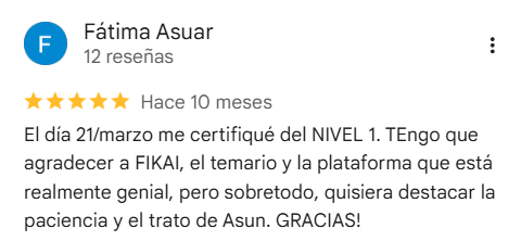 Reseña de 5 estrellas en Google de Fátima Asuar, que se certificó en el Nivel 1 de distribución de seguros