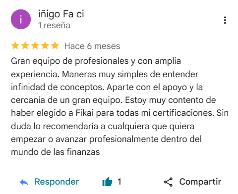 Reseña de 5 estrellas en Google de Iñigo, que ha hecho todas sus certificaciones con FIKAI