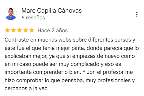 Reseña de 5 estrellas en Google de Marc Capilla Cànovas sobre las clases de Jon en FIKAI