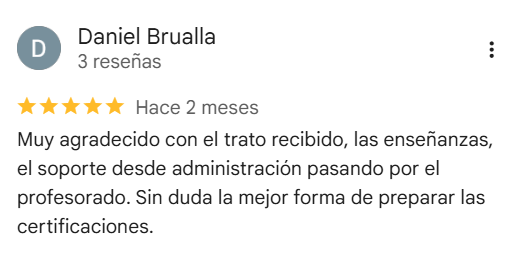 Reseña de 5 estrellas en Google de Daniel Brualla sobre la preparación de certificaciones en FIKAI