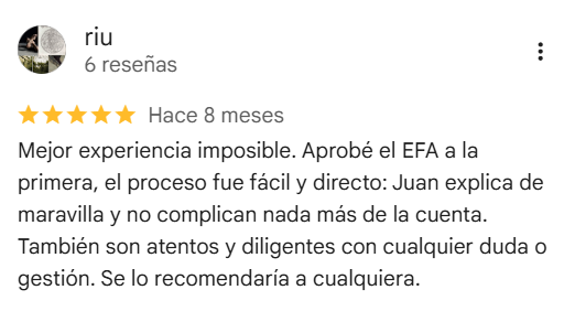 Reseña de 5 estrellas en Google de un alumno que aprobó el EFA a la primera con FIKAI