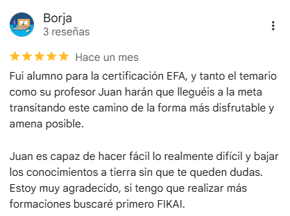 Reseña de 5 estrellas en Google de Borja, alumno de la certificación EFA