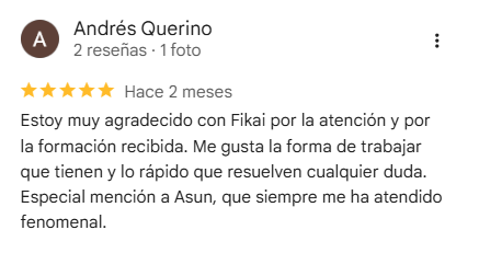 Reseña de 5 estrellas en Google de Andrés Querino sobre la atención recibida en FIKAI