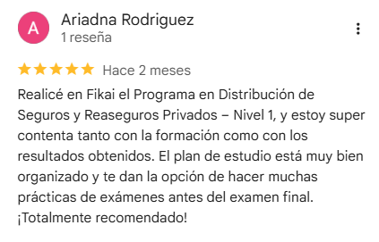 Reseña de 5 estrellas en Google de Ariadna Rodríguez sobre el curso de Distribución de Seguros Nivel 1