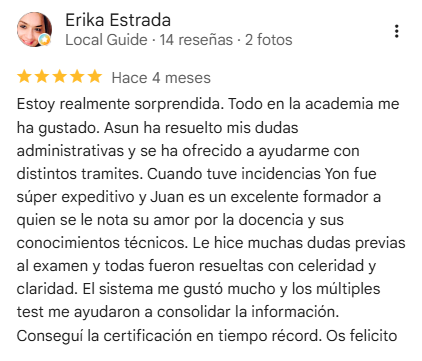 Reseña de 5 estrellas en Google de Erika Estrada, que se certificó en tiempo récord con FIKAI