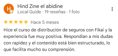 Reseña de 5 estrellas en Google de Hind Zine el Abidine sobre el curso de distribución de seguros