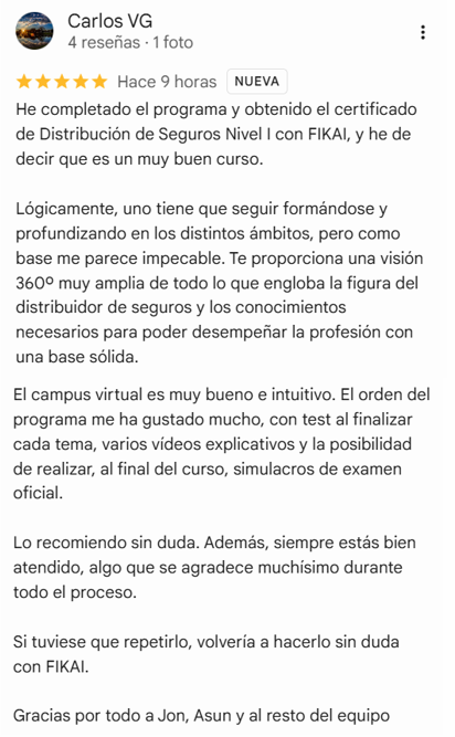 Reseña de 5 estrellas en Google de Carlos VG sobre el curso de Distribución de Seguros Nivel 1