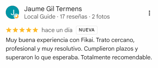 Reseña de 5 estrellas en Google de Jaume Gil Termens sobre el trato recibido en FIKAI