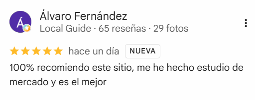 Reseña de 5 estrellas en Google de Álvaro Fernández, que recomienda FIKAI tras comparar centros